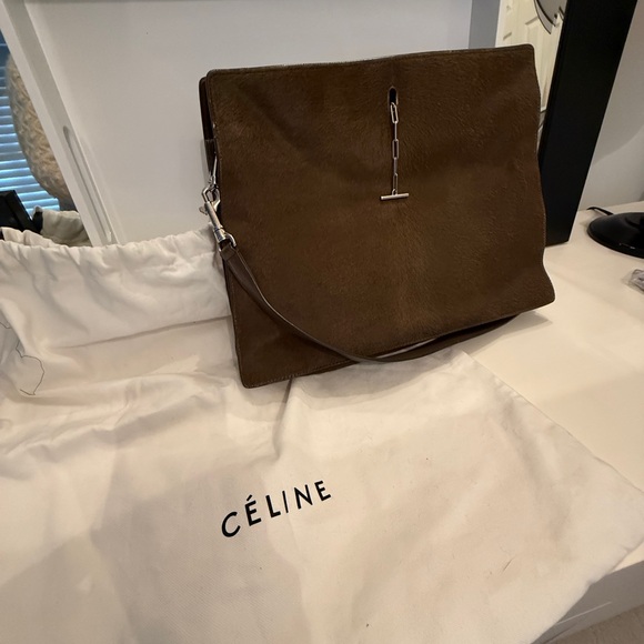 Celine Calf Hair, leather Olive Green Shoulder handbag with silver hardware. - Picture 4 of 10